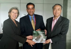 The IUCN Annual Report 2013 being presented to IUCN Director General Julia Marton-Lefèvre and IUCN President Mr. ZHANG Xinsheng by Mr. Malik Amin Aslam IUCN global Vice President and Regional Councillor, West Asia at the IUCN Headquarters in Gland, Switzerland